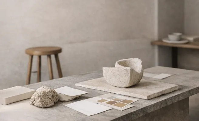 Mesa de trabajo y materiales en un estudio minimalista