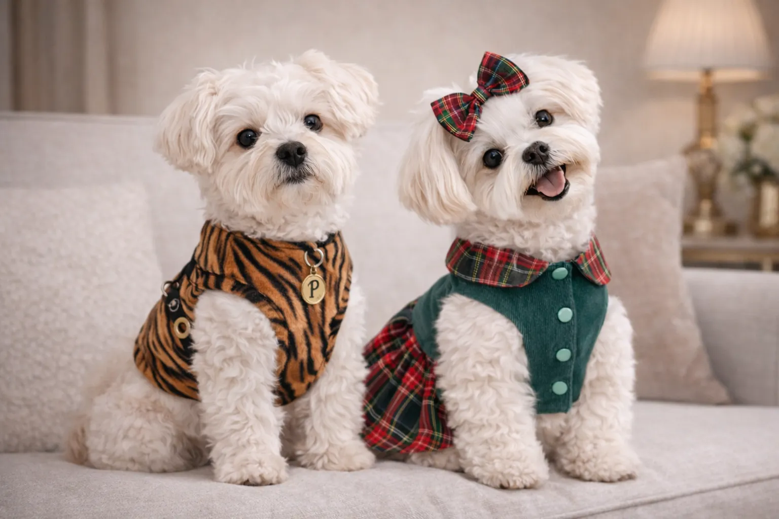 Perros con arnés Bengala y vestido Balmoral de Pet.Olid