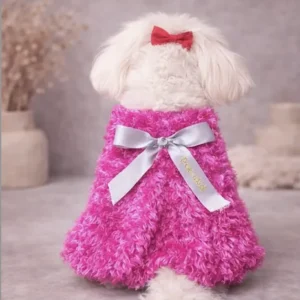Abrigo Bouclé Rose para perro Pet.Olid en una perrita con lazo gris en la espalda
