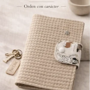 Portadocumentos Bosco cerrado en tejido waffle beige con cierre estampado de razas caninas Pet.Olid