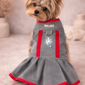 Vestido Chelsea para perro gris con detalles rojos de Pet.Olid