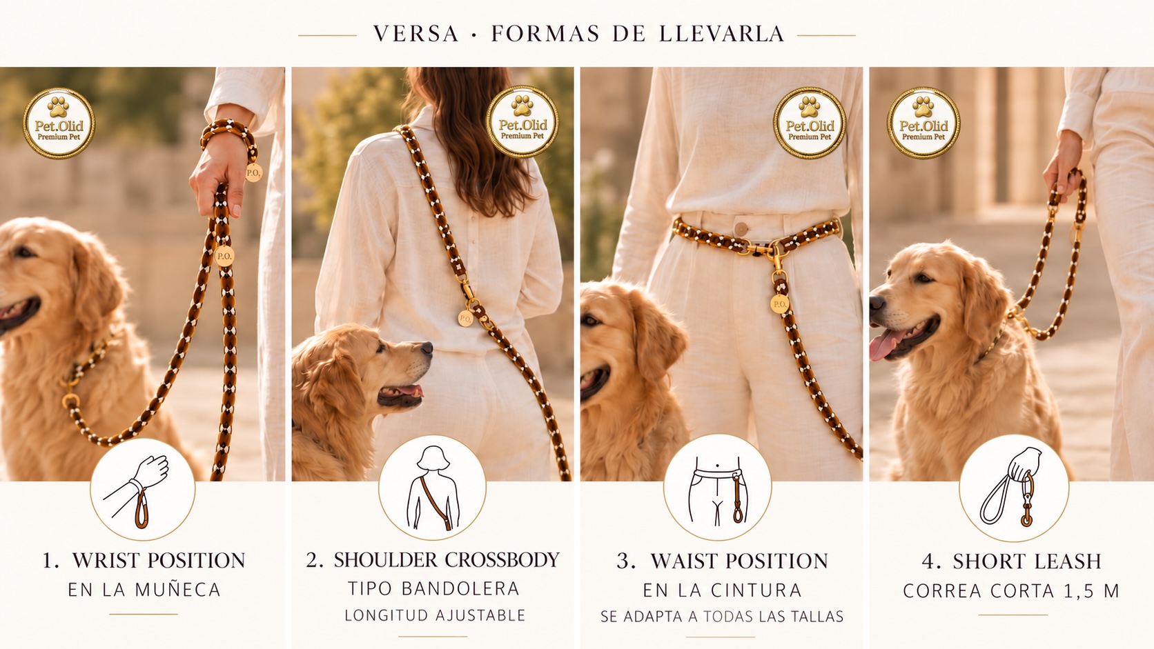 Cuatro formas de llevar las correas VERSA y NOVA: en la muñeca, tipo bandolera, en la cintura y en formato corto; válidas para los estilos VERSA y NOVA